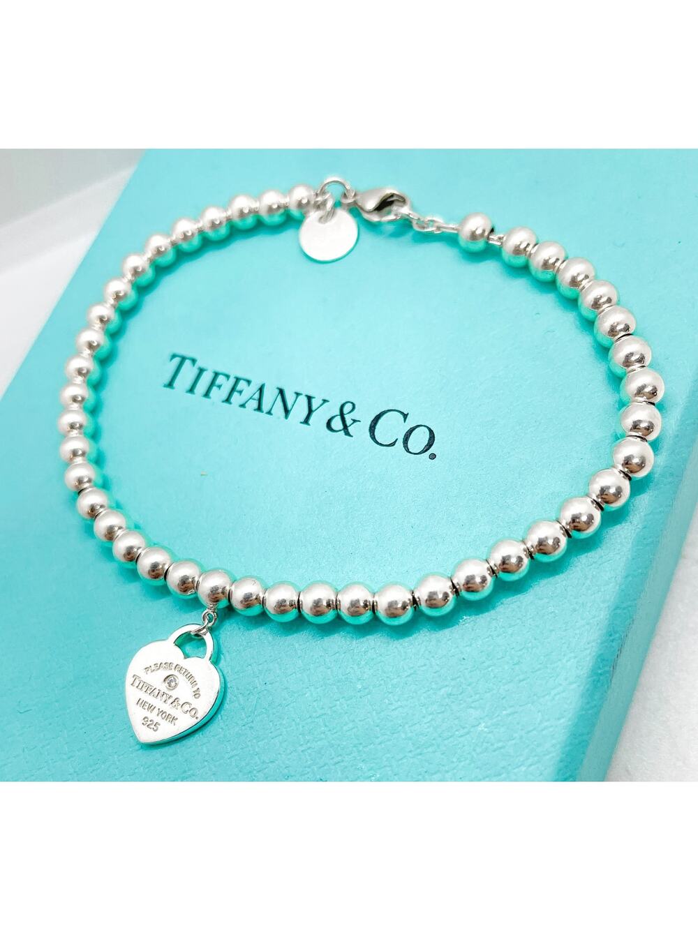 Tiffany & Co. Return to Tiffany Mini Diamond Heart Charm Bead Bracelet 6.5"